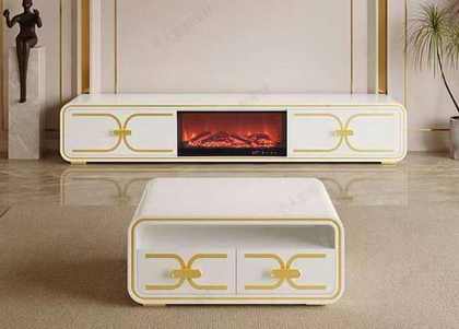 Duo meuble TV blanc laqué, cheminée intégrée
