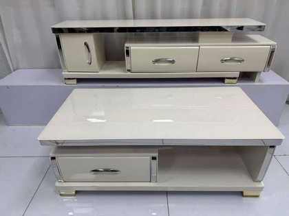 Duo meuble TV crème laqué & table basse assortie
