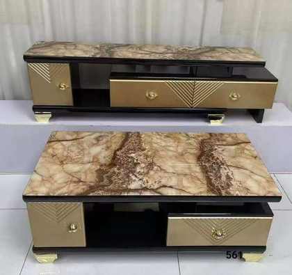 Duo meuble TV & table basse marbre beige & or