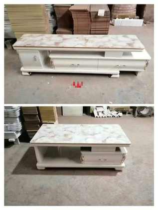 Duo meuble TV & table basse blanc marbré, pieds bois