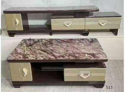 Duo meuble TV & table basse bois & doré, marbre mauve