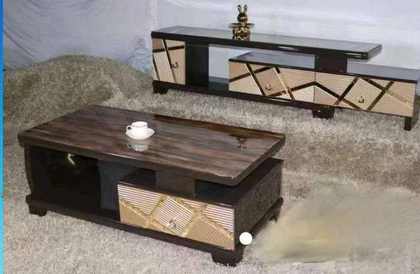 Duo meuble TV & table basse bois foncé, motif doré