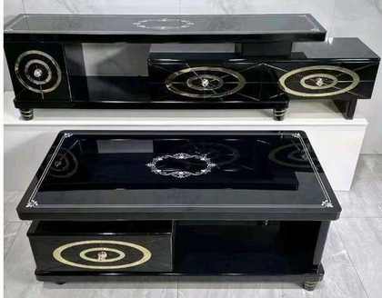 Duo meuble TV & table basse laqué noir, incrustations dorées